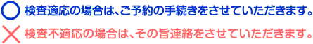 ○検査適応の場合は、ご予約の手続きをさせていただきます。／×検査不適応の場合は、その旨連絡をさせていただきます。